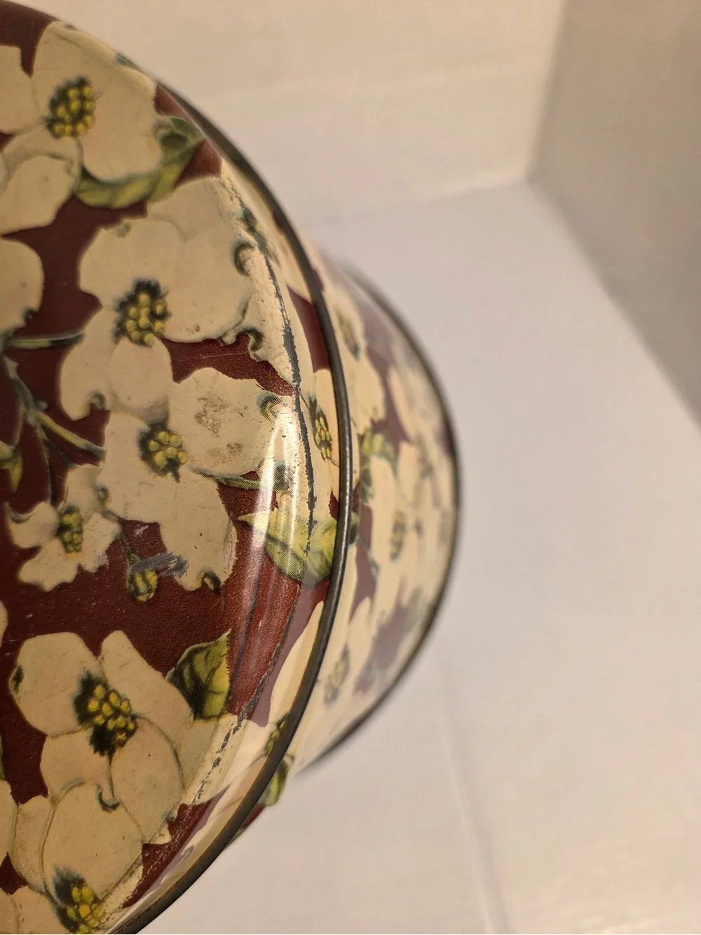 Vintage Dogwood Flower Metal Tin With Handles White Brown Sewing Basket
